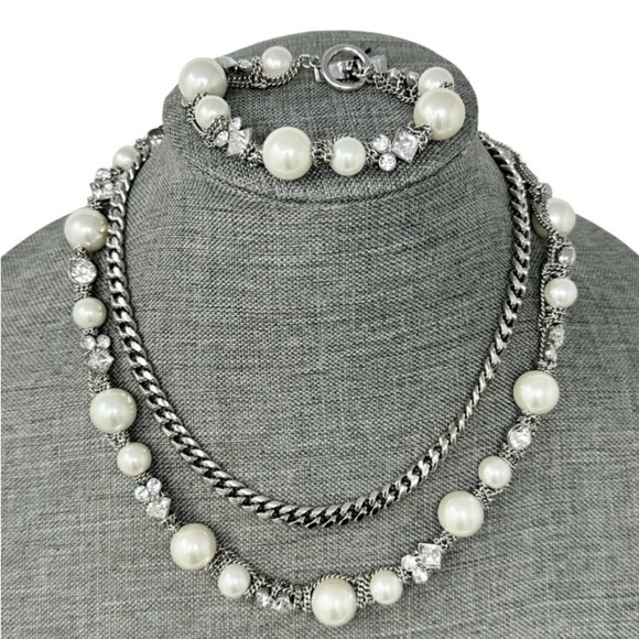 GIVENCHY Double Strand Faux Pearl & Rhinestone Chain Necklace/Bracelet Set, NWT